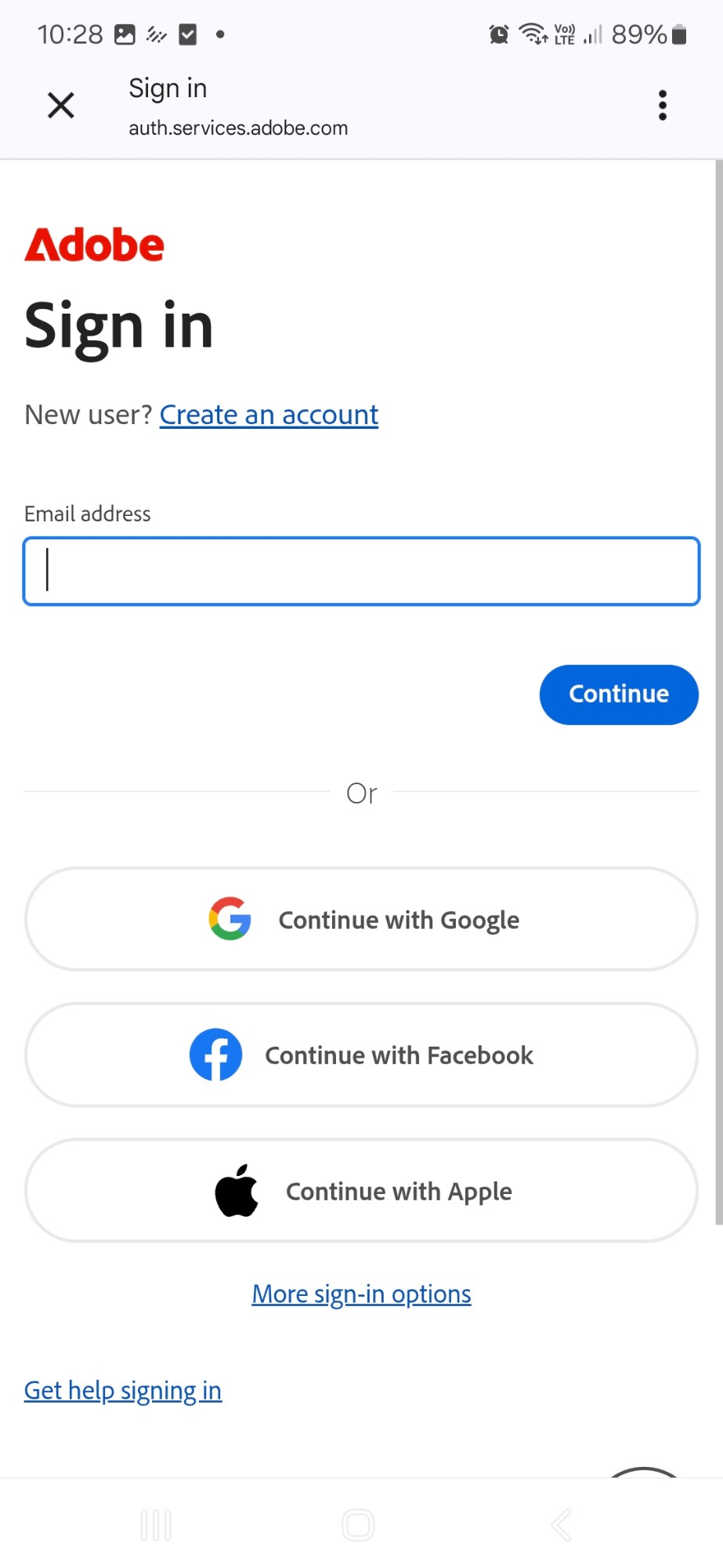 Adobe's own sign-in page, opened when connecting Lightroom