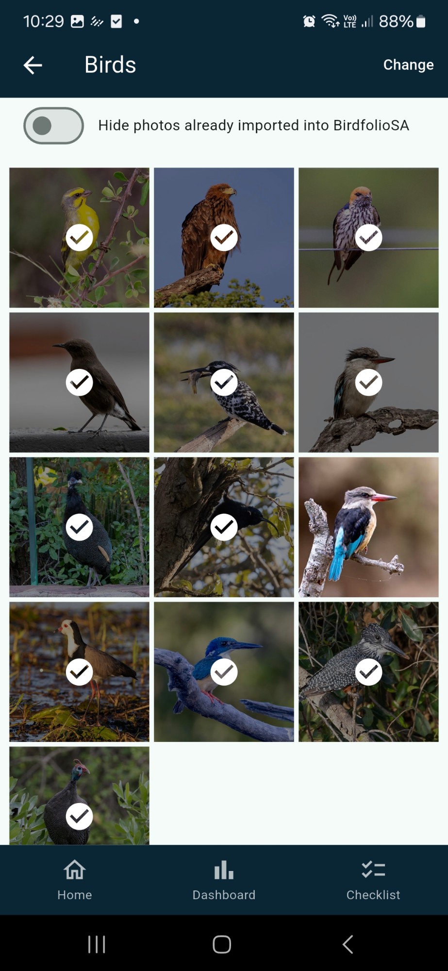 Browsing a Lightroom collection, with already-imported photos ticked