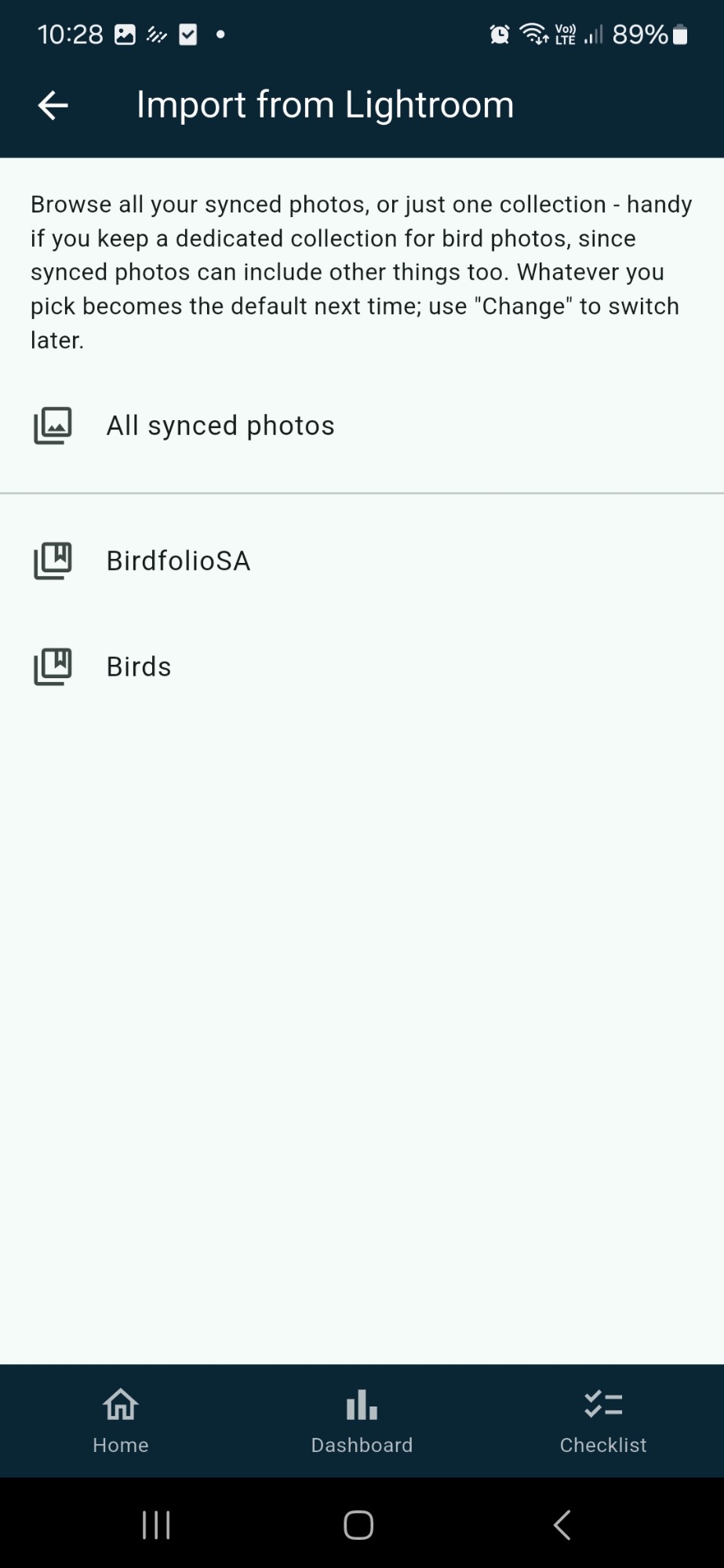 Choosing between all synced photos or a specific Lightroom collection