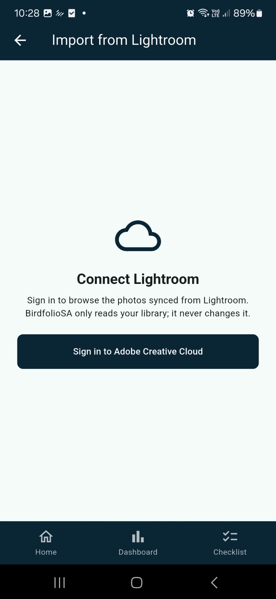 Connect Lightroom screen with a Sign in to Adobe Creative Cloud button