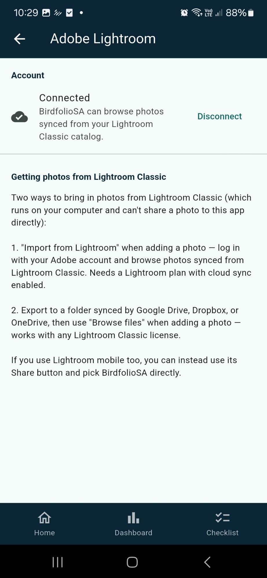Adobe Lightroom settings screen showing the connected account and how to disconnect