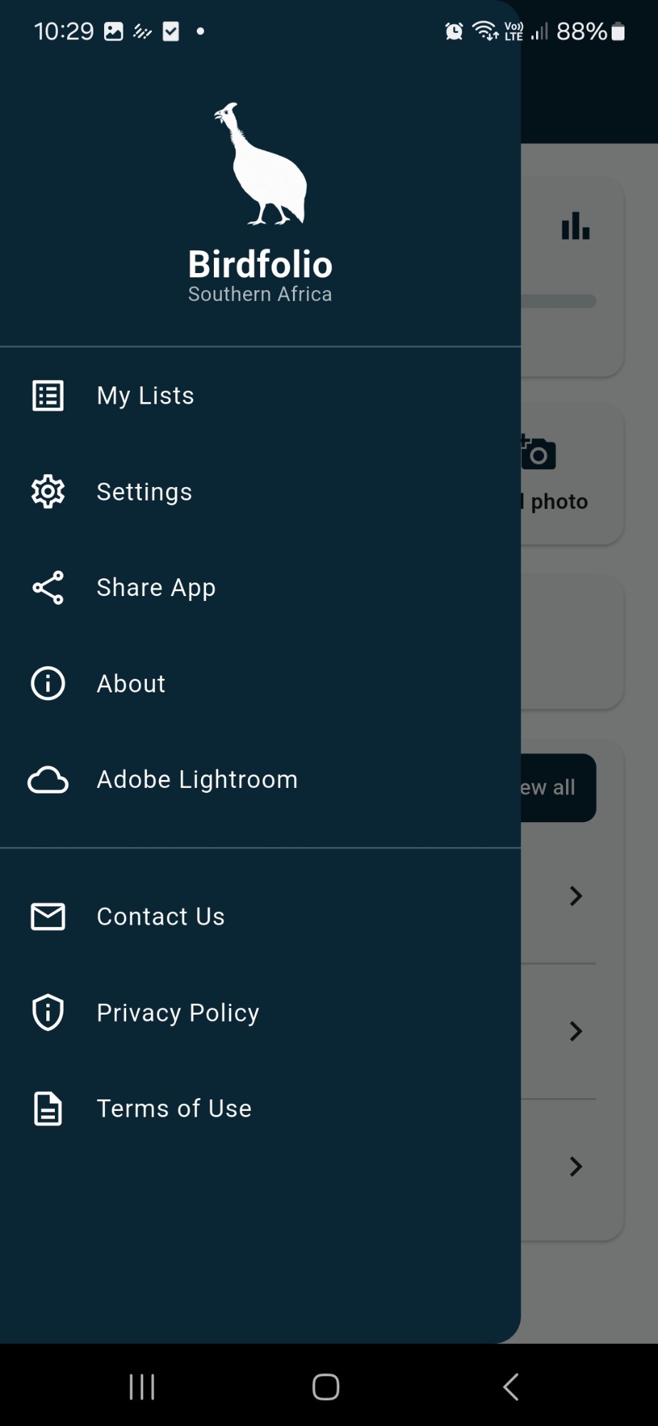 Navigation menu with My Lists, Settings, Adobe Lightroom, and other app sections